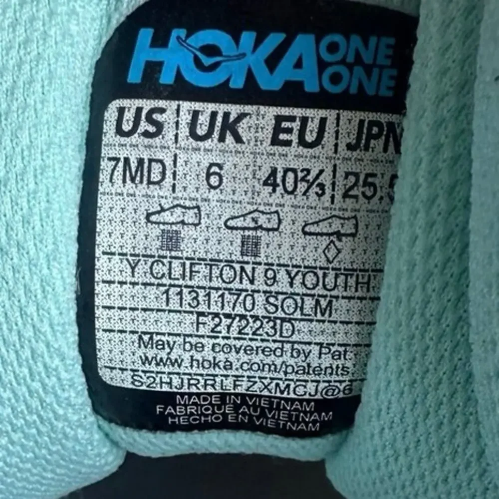 HOKA ONE ONE Clifton 9 ‘Sunlit Ocean/Lilac Mist Kids Sneakers- SZ 7 Y- 8.5 W